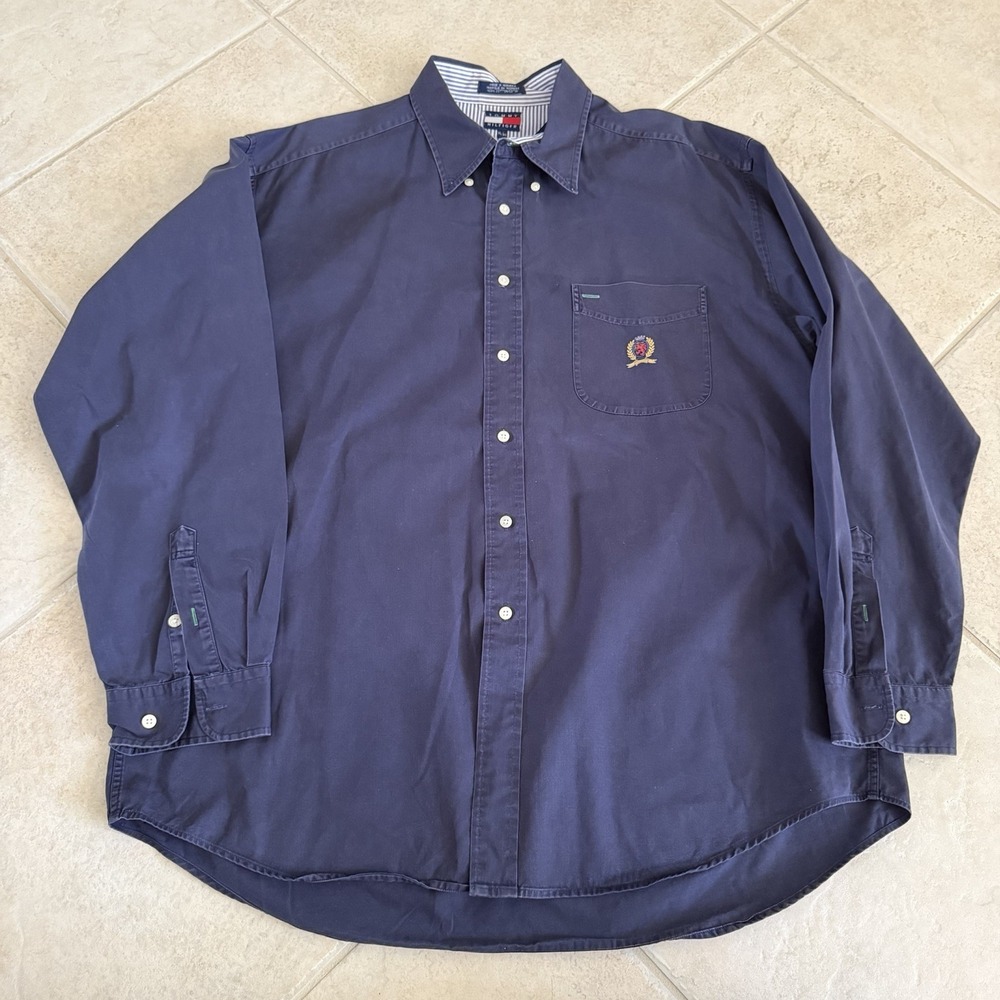 Vintage Tommy Hilfiger Crest Button Down Shirt Men's Long Sleeve Blue Size XL